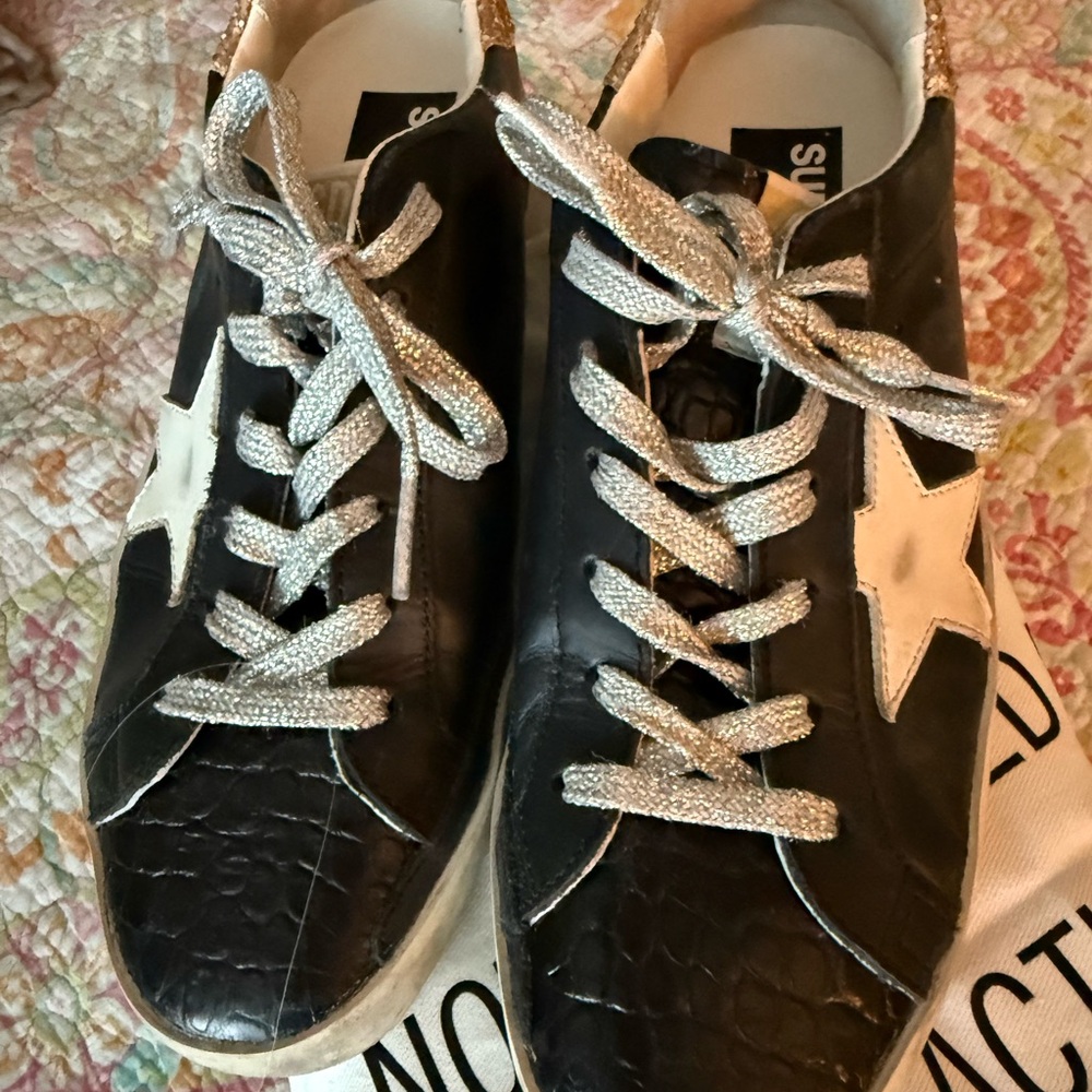 Golden Goose Black and White Sneakers with Silver Laces